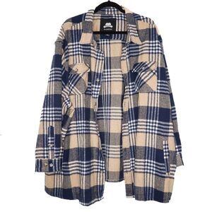 Winston Mens Flannel Shirt Size 4X Plaid Jacket Cream Blue Beige Long Sleeve